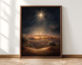 Star of Bethlehem Wall Art, Christian Christmas Landscape, Holy Night Digital Download, Bethlehem City Printable Art