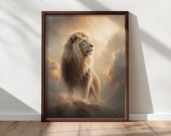 ユダのライオンのキリスト教壁画 – 聖書のライオンの肖像画、キリスト教の印刷可能なアート、信仰の壁飾り、デジタルLDSアート、デジタルダウンロード