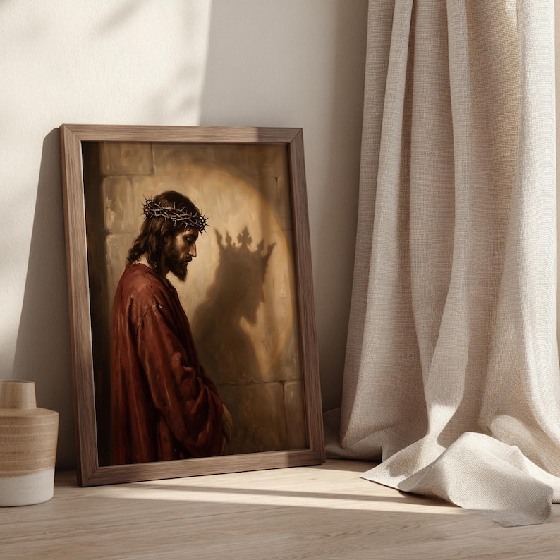 Religious wall decor featuring Jesus in profile for entryway — a serene oil painting capturing a moment of reflection in soft hues.