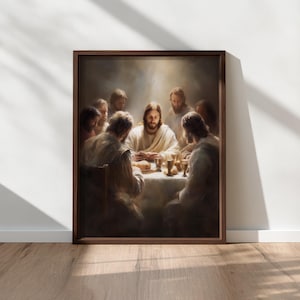 May include: A framed print of a religious painting depicting the Last Supper. The artwork features Jesus and his disciples gathered around a table, with soft lighting and warm tones. The frame is a dark brown color.