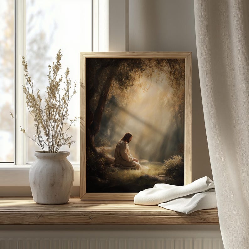Praying Jesus digital print for living space — a vivid display of devotional reverence, featuring shadowed trees and warm shafts of light.