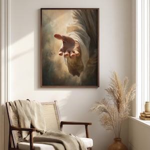Realistic Jesus hand painting for prayer nook — soft hues and flowing robe evoke spirituality, perfect for introspective wall decor.