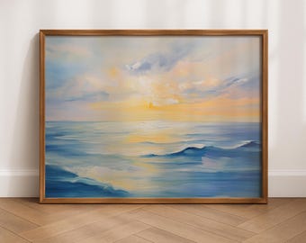 静かな海に昇る日の出の油絵、キリスト教の壁画、穏やかな海のプリント、聖書のインスピレーション、信仰のホームデコレーション、デジタルダウンロード