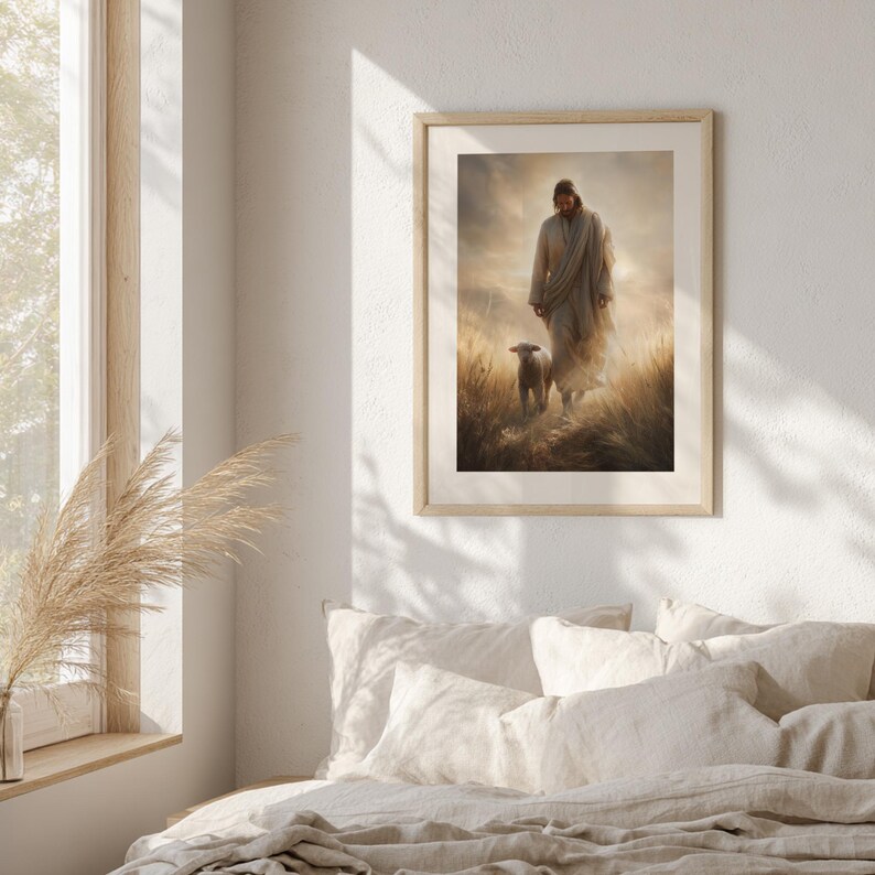 Jesus as the Good Shepherd wall art for home office — serene golden tones evoke a peaceful and devotional atmosphere.