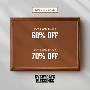 Holiday Art Sale banner showing digital wall art promotion — Buy 3 and Get 65% Off, Buy 5 and Get 75% Off. Perfect for promoting Christian wall art, inspirational scripture prints, and printable digital downloads.