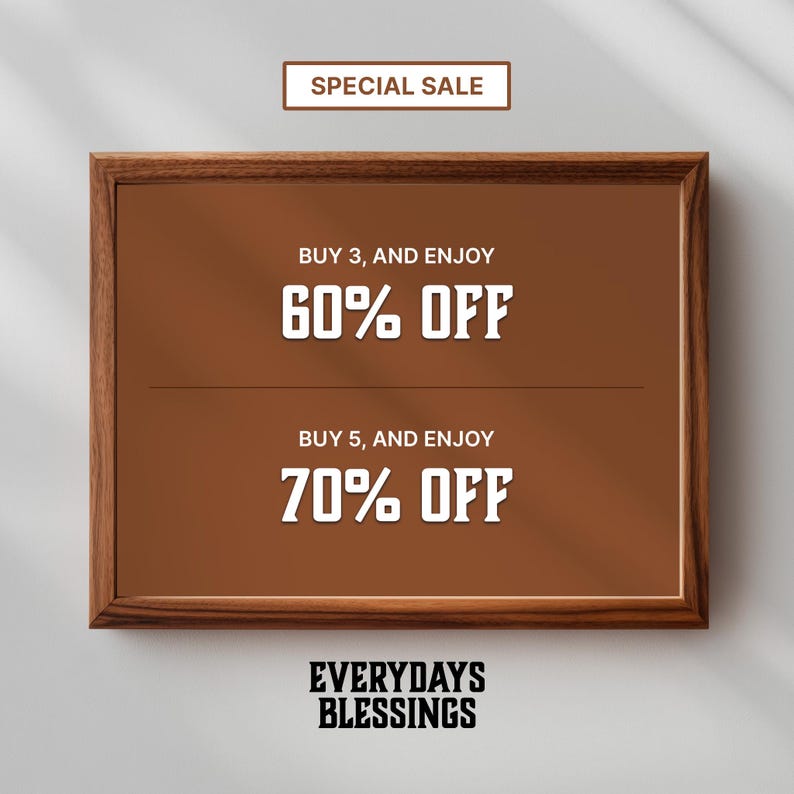 Holiday Art Sale banner showing digital wall art promotion — Buy 3 and Get 65% Off, Buy 5 and Get 75% Off. Perfect for promoting Christian wall art, inspirational scripture prints, and printable digital downloads.