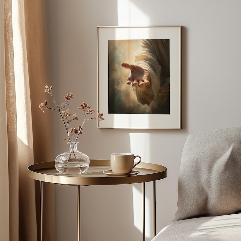 Jesus’ open hand poster for dining room — inviting gesture with serene light and classical style, perfect for spiritual ambiance.