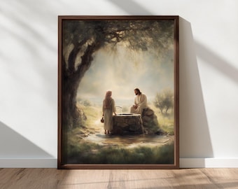 Jesus and the Woman at the Well – Christian Wall Art, Living Water, Biblical Story Painting, John 4:14, Samaritan Woman, Digital Download