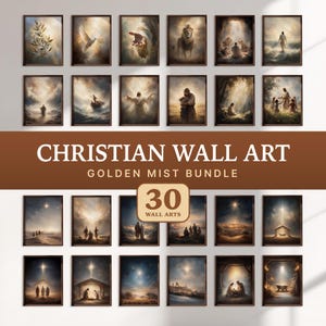 May include: A collection of 30 framed Christian wall art prints. The art features images of religious figures, scenes, and symbols in a golden mist style. The text on the image reads "CHRISTIAN WALL ART GOLDEN MIST BUNDLE".