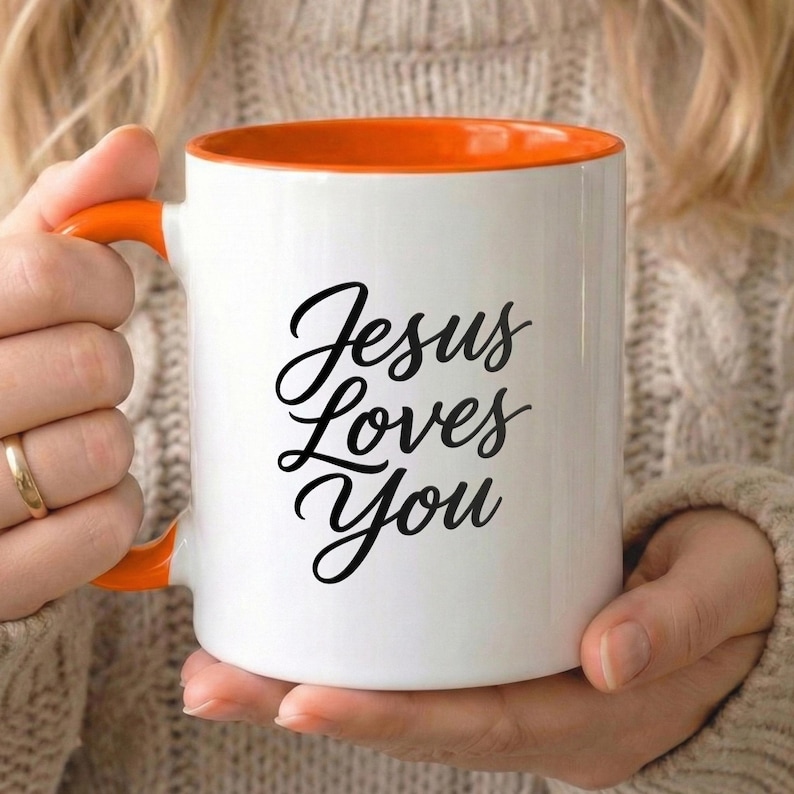 Taza cristiana "Jesús te ama" de 325 ml, con versículo bíblico, religiosa, regalo cristiano para mujeres Orange