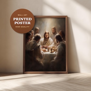 May include: A framed wall art print depicting a religious scene with figures gathered around a table. The print is in a wooden frame and features the text "PRINTED POSTER HIGH QUALITY" on a brown circular label.