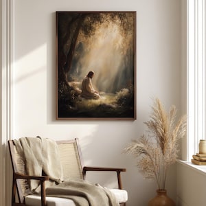 Classical Jesus praying wall decor for church — a dramatic portrayal with painterly brushwork capturing a serene, spiritual moment amidst the olive grove.