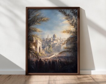 聖枝祭のイースターウォールアート、イエスの凱旋入城、聖週間のキリスト教美術、イースターの油絵（印刷可能）、信仰を象徴する装飾、デジタルダウンロード