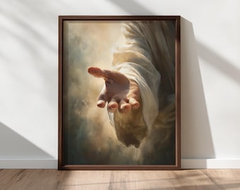 イエスの手を伸ばす壁アート – キリスト教の印刷可能な絵画、インスピレーションを与えるスピリチュアルな装飾、写実的な聖なるアートワーク、デジタルダウンロード
