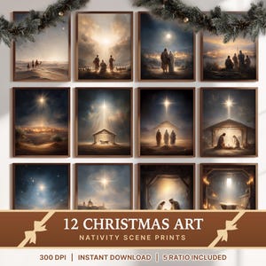 May include: A collection of 12 framed Christmas art prints featuring various nativity scenes, including figures in desert landscapes, shepherds, and the manger under a bright star. The text 12 CHRISTMAS ART NATIVITY SCENE PRINTS is displayed below.
