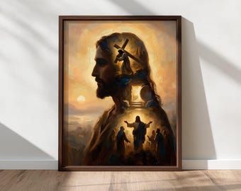 イエスの十字架と復活、空の墓の信仰のアート、キリスト教の壁画、イエスの壁画、キリスト教の印刷物、イースターアート、デジタルダウンロード