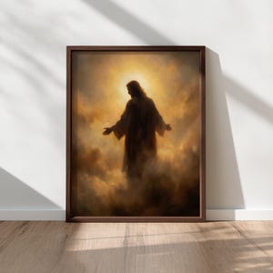 May include: Framed artwork depicting a silhouette of a figure with outstretched arms, set against a radiant, golden light. The figure is surrounded by a cloud-like background, creating a sense of divinity and peace. The frame is a dark brown color.