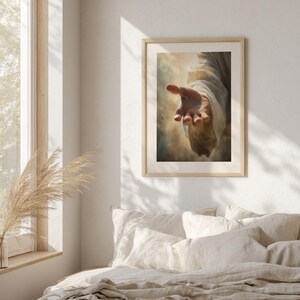 Hand of Jesus poster for church foyer — serene atmosphere with a subtle halo effect, inspiring peace and reflection.