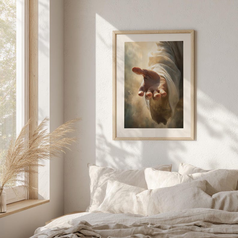 Hand of Jesus poster for church foyer — serene atmosphere with a subtle halo effect, inspiring peace and reflection.