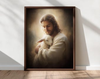 Jesus with Lamb Christian Wall Art – Shepherd Oil Painting, Biblical Jesus Art, Christian Printable Wall Art, Digital Download