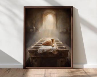 最後の晩餐の聖餐式の壁画、聖餐のパンと聖杯、食卓に座るイエスの聖書場面、キリスト教の壁画、デジタルダウンロード