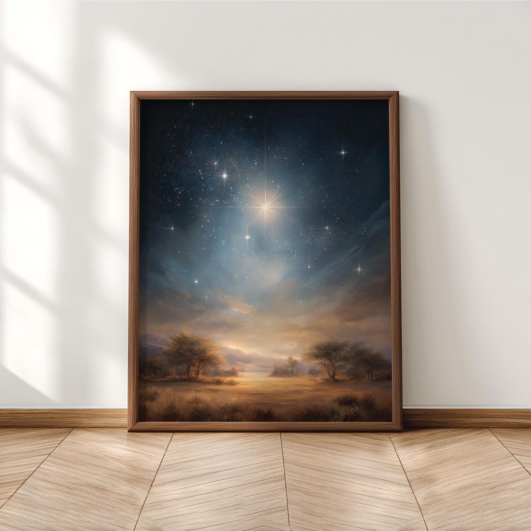 Celestial Night Sky Wall Art Print, Moody Starry Landscape Painting ...