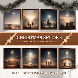 May include: A set of eight framed nativity scene prints featuring various biblical landscapes and figures under bright stars. The text CHRISTMAS SET OF 8 NATIVITY SCENE PRINTS, 300 DPI, INSTANT DOWNLOAD, and 5 RATIO INCLUDED is visible on the display.