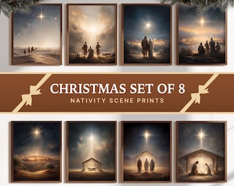 May include: A set of eight framed nativity scene prints featuring various biblical landscapes and figures under bright stars. The text CHRISTMAS SET OF 8 NATIVITY SCENE PRINTS, 300 DPI, INSTANT DOWNLOAD, and 5 RATIO INCLUDED is visible on the display.