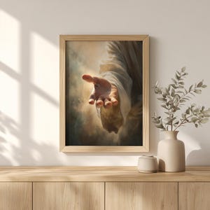 Jesus’ hand reaching down printable art for living room — classical style captures a serene invitation, enhancing your sacred space.