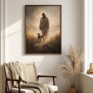Traditional Jesus wall art for entryway — a serene shepherd with soft brushwork that adds a divine touch to your space.