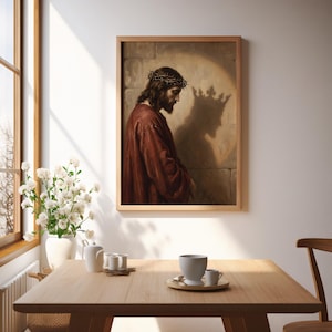 Crown of thorns artwork poster for study — realistic portrait of Jesus with dramatic light creating a contemplative atmosphere for spiritual growth.