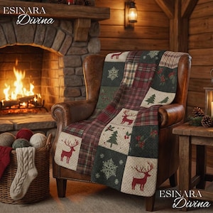 Manta navideña de sherpa polar / Manta acogedora con renos patchwork / Decoración rústica de invierno para cabaña / Manta suave y cálida, ideal para regalar a él y a ella (60x80)
