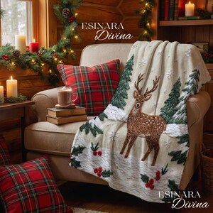 Manta Sherpa con diseño de ciervos de invierno / Manta con diseño de pinos en el bosque nevado / Manta polar acogedora con diseño de cabaña de vida silvestre / Decoración rústica para el hogar / Regalo de invierno / 50 x 60