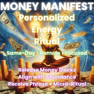May include: An image promoting a money manifestation service. The text reads "Money Manifest, Personalized Energy Ritual." A person is meditating with money and coins surrounding them. Text includes "Release Money Blocks, Align with Abundance."
