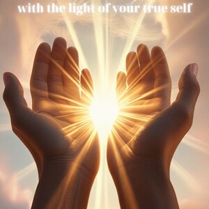 May include: Image with text: "Clear Spiritual Blockages, Free your energy, dissolve hidden blocks and align with the light of your true self." Two hands are open towards a bright light.
