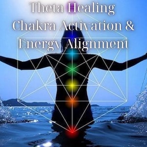 Può includere: Immagine di una persona in acqua con le braccia tese, spruzzi d'acqua. Il testo "Theta Healing Chakra Activation & Energy Alignment" è visibile. Una forma geometrica e punti colorati sono sovrapposti alla persona.
