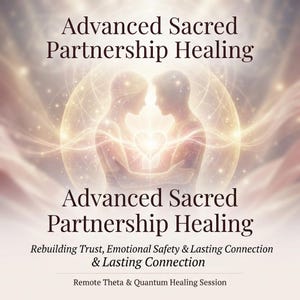 May include: A digital graphic featuring two glowing silhouettes facing each other with a heart between them. Text reads: Advanced Sacred Partnership Healing, Rebuilding Trust, Emotional Safety & Lasting Connection & Lasting Connection, Remote Theta & Quantum Healing Session.