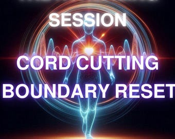 May include: Digital art promoting a Theta Healing Session. The image features a glowing human figure with a heart-shaped light in the chest, surrounded by energy waves. Text includes "Theta Healing Session, Cord Cutting, Boundary Reset."