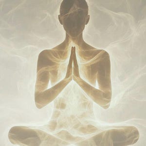 May include: An ethereal image of a person in a seated meditation pose, hands clasped in prayer. The figure is illuminated with a soft, golden light, surrounded by swirling, cloud-like formations. The overall effect is serene and spiritual.