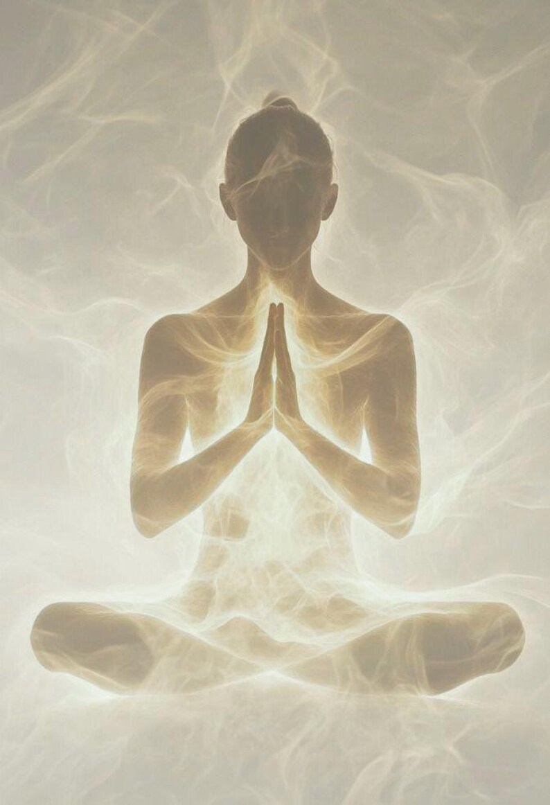 May include: An ethereal image of a person in a seated meditation pose, hands clasped in prayer. The figure is illuminated with a soft, golden light, surrounded by swirling, cloud-like formations. The overall effect is serene and spiritual.