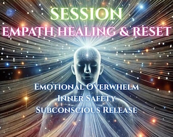 May include: Digital art featuring a human figure with a glowing head, radiating light. Text includes "ENERGY INTENSIVE SESSION," "EMPATH HEALING & RESET," and "EMOTIONAL OVERWHEM." Additional text mentions "INNER SAFETY" and "SUBCONSCIOUS RELEASE."