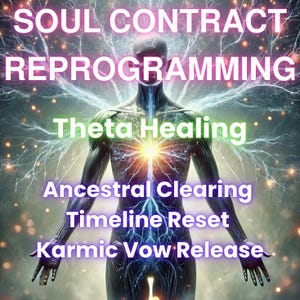 May include: Digital art featuring a human figure with glowing energy emanating from the chest. Text overlay includes "SOUL CONTRACT REPROGRAMMING," "Theta Healing," "Ancestral Clearing," "Timeline Reset," and "Karmic Vow Release."