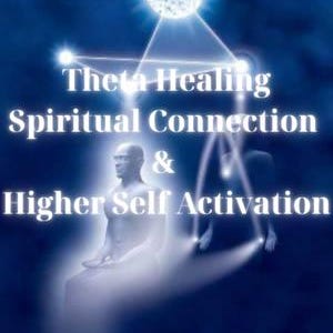 May include: A digital illustration on a dark blue background. The image features a glowing white figure in a meditative pose, with the text "Theta Healing Spiritual Connection & Higher Self Activation". A bright white star and geometric shapes are also present.