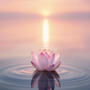 May include: A serene image of a pink lotus flower floating on water. The flower's petals are a soft pink, with darker pink tips. The water reflects the flower and the warm colors of the sunset sky. The image evokes a sense of peace and tranquility.