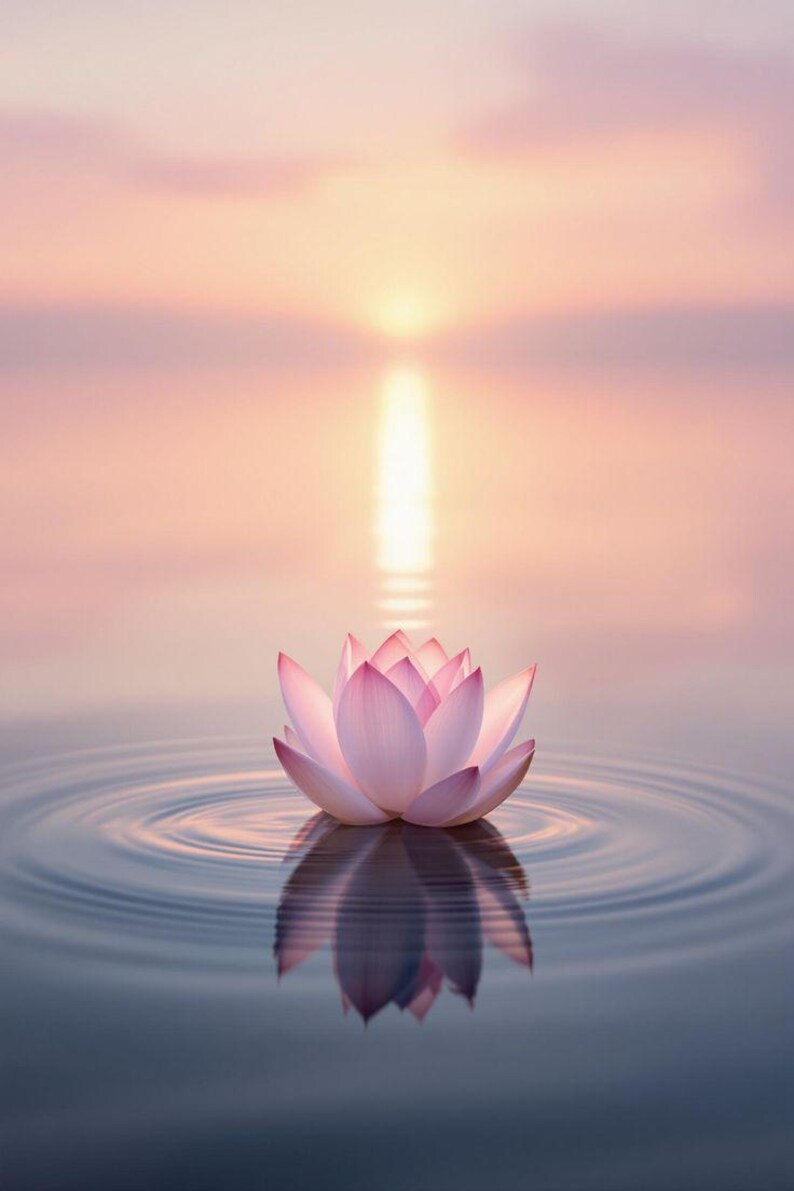 May include: A serene image of a pink lotus flower floating on water. The flower's petals are a soft pink, with darker pink tips. The water reflects the flower and the warm colors of the sunset sky. The image evokes a sense of peace and tranquility.