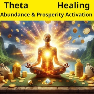 May include: An illustration with the text "Theta Healing Abundance & Prosperity Activation." A person is meditating with a bright light emanating from their chest. Gold coins and stacks of gold coins are scattered throughout the image, with mountains and water in the background.