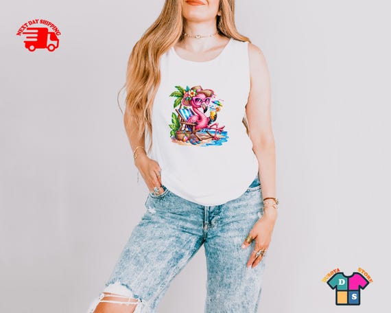 Comfort Colors® Summer Flamingo Tank Top, Colorful Beach Life Tank, Coastal Clothing