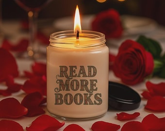 Vela de soja perfumada con diseño literario "Leer más libros", regalo para amantes de los libros, decoración acogedora para rincones de lectura, estilo vintage, cera natural, 9 oz.