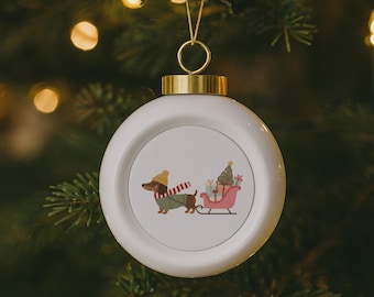 Adorno navideño de perro salchicha, regalo para amantes de los perros, trineo de invierno caprichoso, decoración para mascotas, decoración festiva para árbol de Navidad, cachorro, animal, arte familiar para niños