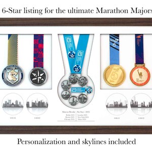 Puede incluir: Un marco rectangular de madera oscura que contiene una vitrina para medallas de marat&oacute;n. Incluye seis medallas colgantes con cintas de colores, un arreglo central de medallas y gr&aacute;ficos circulares de skylines con texto.